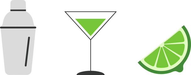 Cocktail shaker, martini glass with green liquid, and lime slice on white background