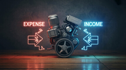 Broken financial engine with outgoing expense glow stronger than income flow representing expenses higher than income, halted operations concept