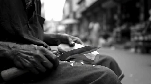 Artisan's hands meticulously carve wood with a traditional blade, embodying the skill and dedication to his craft. Captured in monochrome, this image tells a story of artistry.