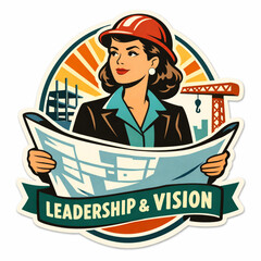 Retro 1950s Flat Vector Sticker of Woman Studying Blueprints on Construction Site with Vision and Leadership