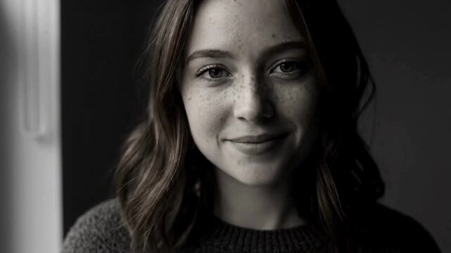 A close-up portrait in black and white of a woman with freckles and a gentle smile, exuding a sense of understated elegance.