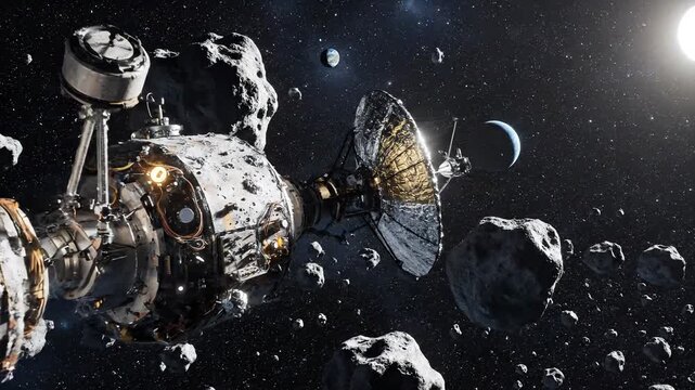 Advanced space probe navigates an asteroid field. Earth and sun are visible in the distant cosmic background. Exploration of unknown space.