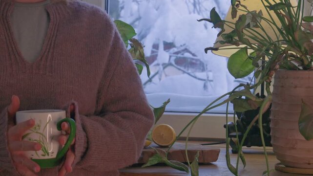 Close-up of a woman holding a cup of tea while standing with her back to the window in a cozy winter interior. Warm light and snowy view outside create a calm atmosphere of comfort, mindfulness and qu