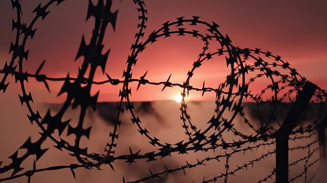 Razor barbed wire silhouetted against a dramatic red sunset. Sharp security fencing coils with an ominous and dangerous mood.