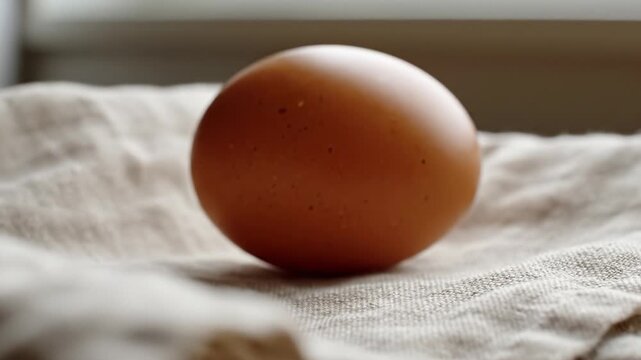 A single brown chicken egg sits on a beige linen napkin. Soft lighting and natural textures create a rustic atmosphere for Easter or organic food themes. Great for culinary blogs or menus.