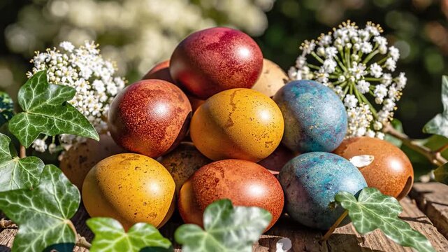 A pile of colorful marbled Easter eggs is arranged on a rustic wooden table with ivy and white flowers. The bright sunlight creates a warm spring mood. Perfect for holiday greeting cards.