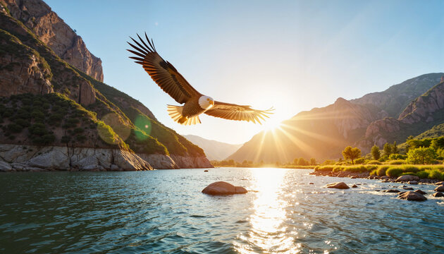 Bald eagle soaring over river at sunset, wildlife magnificence