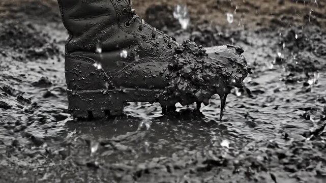 Muddy combat boot steps into a shallow water puddle. It creates a powerful splash, coated with thick dark mud.