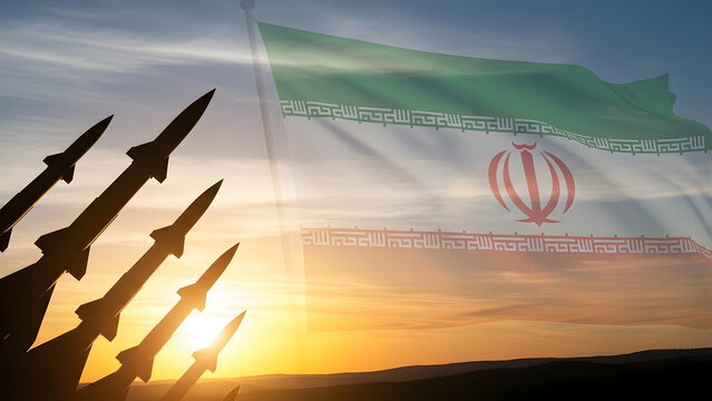 Iranian ballistic missiles launch silhouette at dramatic sunset | Geopolitical tension and Iran military conflict concept | Waving flag of Iran over missile defense system launch | Middle East crisis 