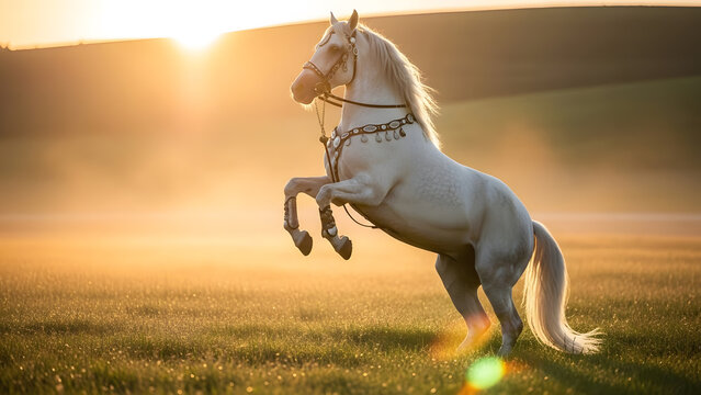 Majestic white horse rearing dramatically at golden sunset | Elegantly decorated Arabian stallion performing in meadow | Dramatic equine portrait during golden hour backlight | Powerful horse standing