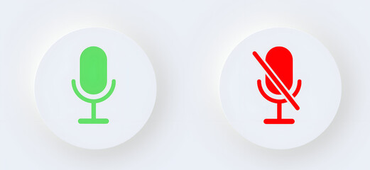 Green and Red Microphone Status Icons. Mute and Unmute Neumorphic Buttons