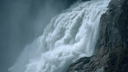 A dramatic close-up of a powerful waterfall cascading over dark, jagged rocks. The scene is filled with thick white mist and spray, conveying the raw power and movement of nature in a moody atmosphere