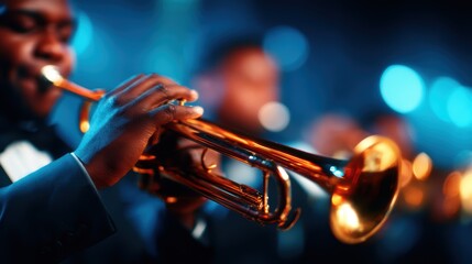 Fototapeta premium A skilled jazz musician passionately plays the trumpet, with a lively atmosphere surrounding him, showcasing the artistry and emotion of live performance in a club setting.