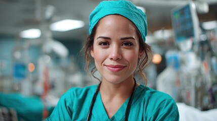 Fototapeta premium A smiling nurse wearing a surgical cap in a busy hospital setting, symbolizing care and dedication towards patients and healthcare professionals working tirelessly.