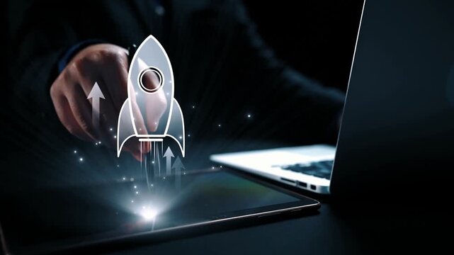 Startup launch and business growth concept, rocket symbolism, entrepreneurship, startup innovation, and early-stage success strategies for new business development and expansion. Elide