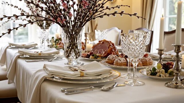 Elegant dining table set for Easter with glazed ham, crystal glasses, and pussy willow. The atmosphere is celebratory and traditional. Perfect for holiday food blogs or event planning.