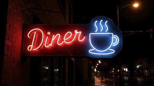 Neon Diner Sign Glowing brightly, a neon sign announces a classic diner, with vibrant red and blue hues illuminating the night. A perfect visual for evoking nostalgia and a welcoming atmosphere.