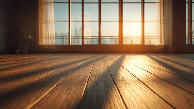 Sunrise light entering empty yoga studio with wooden floor, calm atmosphere, soft shadows, wellness interior background