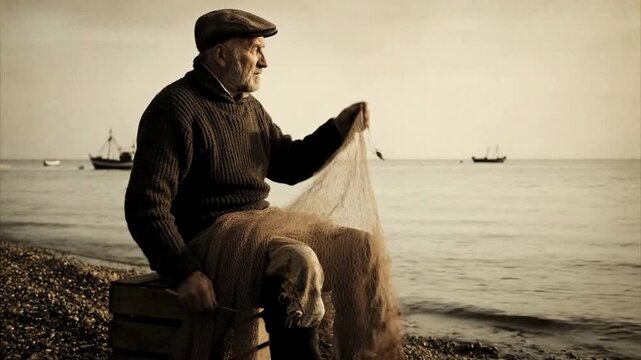 An old fisherman, weathered by the sea, sits at the shore with his net, contemplating the vastness of the ocean. The scene evokes a sense of tranquility, seasoned with a lifetime of experience. 