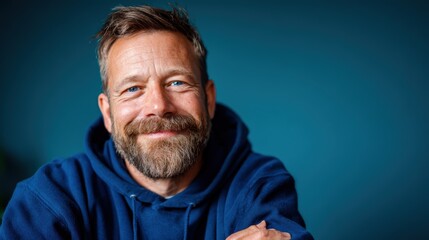 Obraz premium A cheerful man in a blue hoodie smiles warmly against a soft blue background, evoking feelings of warmth and approachability through his genuine expression.