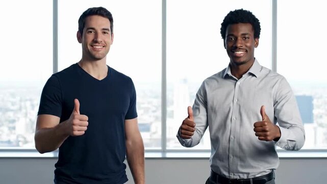 Two diverse men stand side-by-side, displaying a gesture of approval and expressing a shared sense of accomplishment. The image is a portrayal of optimism and teamwork.