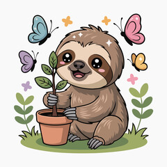 Naklejka premium A happy cartoon sloth sits by a potted plant on grass.