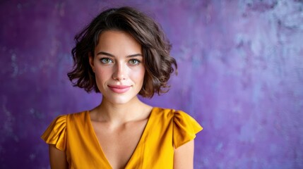 Fototapeta premium A captivating portrait of a young woman dressed in a vibrant yellow top, embodying confidence and charm against a rich purple background, showcasing modern elegance and beauty.