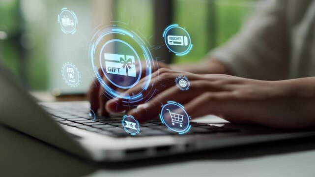 Digital gift card icons show e-commerce, payment, and digital gift card redemption. Digital gift card supports online shopping, secure payment, and customer loyalty programs. Funnel