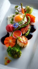 A vibrant breakfast-inspired dish with scallops, fried egg, vegetables, and edible flowers, plated in a colorful, artistic style.