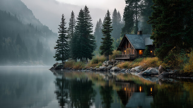 small traditional wooden cabin by a lake in Norway during the autumn