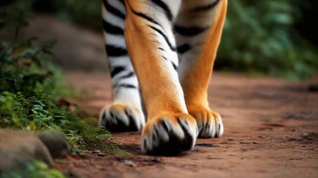 A close-up shot of a majestic tiger's paws, walking along a dirt path