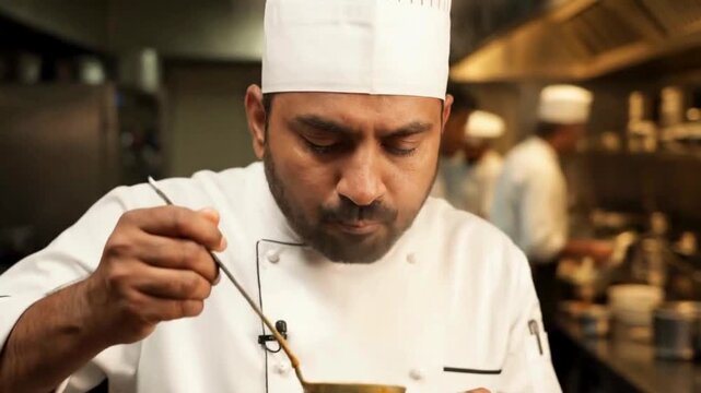 A professional chef in a spotless kitchen meticulously tastes a spoonful of culinary creation, capturing the essence of expertise and precision in the art of gastronomy.