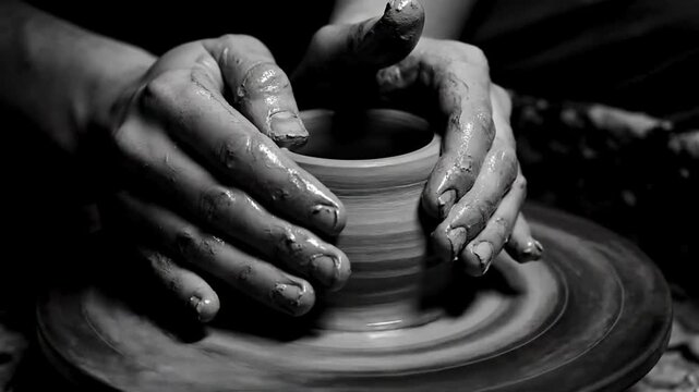 A potter's skilled hands shape a clay pot with patience and precision, a timeless art form captured in monochrome, embodying the craft of pottery.