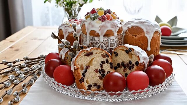 Traditional Orthodox Easter table with kulich cakes, red dyed eggs, and pussy willow branches. Festive atmosphere of spring religious holiday. Perfect for celebration and food content.