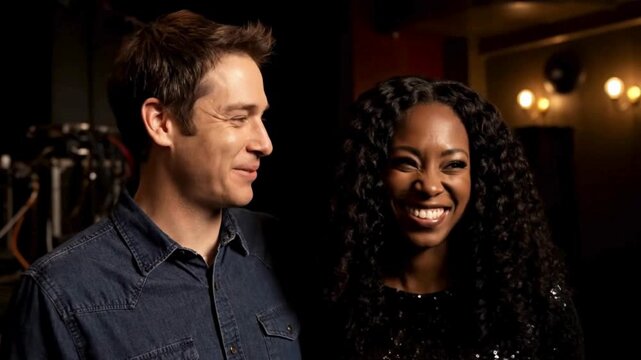 A portrait of a smiling man and woman standing next to each other, capturing a moment of friendship and shared happiness. They are in an intimate setting.