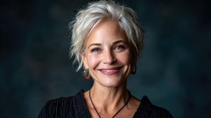Naklejka premium This image captures a confident mature woman with stylish short hair smiling at the camera, representing beauty, wisdom, and empowerment in later stages of life.