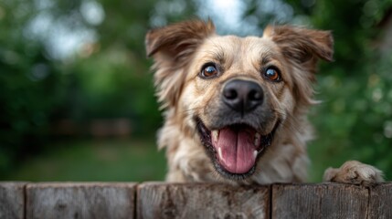 Fototapeta premium A cheerful dog peers over a wooden fence with a bright smile, embodying joy and friendliness in a lush green outdoor setting, perfect for conveying warmth and companionship.