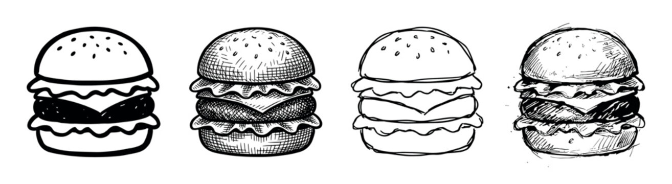 Four hand-drawn black and white burger illustrations in various sketch styles, including simple outline, detailed cross-hatching, and doodle for a graphic fast food menu
