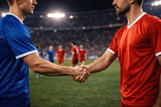 Soccer players in red and blue uniforms shaking hands on a stadium before a match. Concept of fair play, sportsmanship, competition, teamwork and professional football.