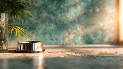 Fototapeta na wymiar An empty shiny pet food bowl on a rustic table, reflecting soft sunlight, symbolizing care for pets and the warmth of a loving home environment.