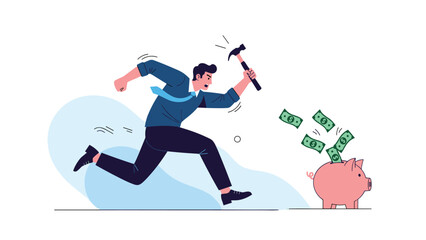 Fototapeta premium Desperate man in a suit running with a hammer to break a pink piggy bank and get his savings during a financial crisis.