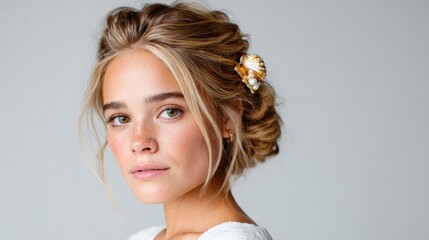 A young, beautiful woman with soft features and a stylish hair accessory, presenting a sense of elegance and youthful vibrancy against a neutral background.