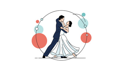 Elegant man and woman in a wedding dress and suit dancing together inside a decorative circle with abstract bubbles.