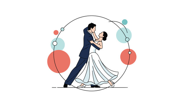 Elegant man and woman in a wedding dress and suit dancing together inside a decorative circle with abstract bubbles.