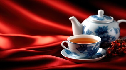 Fototapeta premium An elegant tea set accompanied by a steaming cup of tea, beautifully arranged on luxurious red fabric, evoking warmth, hospitality, and a tranquil drinking experience.