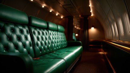 Fototapeta premium A plush green leather seat inside a luxurious aircraft cabin, embodying comfort and elegance, showcasing a serene environment for high-class travelers.