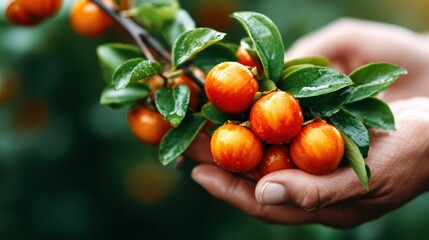 Obraz premium A hand holds a branch laden with bright, juicy fruits, showcasing the natural beauty and abundance of ripe produce ready to be enjoyed, evoking feelings of nature and harvest.