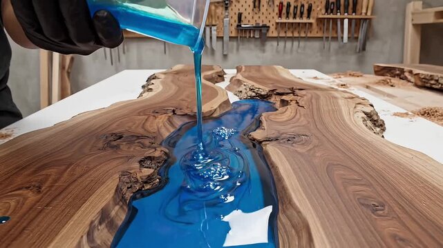 A person pours blue resin into a wooden tabletop with a natural wood grain pattern in a workshop environment from a close-up viewpoint