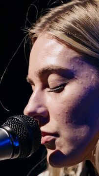Female singer performing on stage. Close-up view captures emotion during live music experience. Vertical shot highlights artist's passion for music.