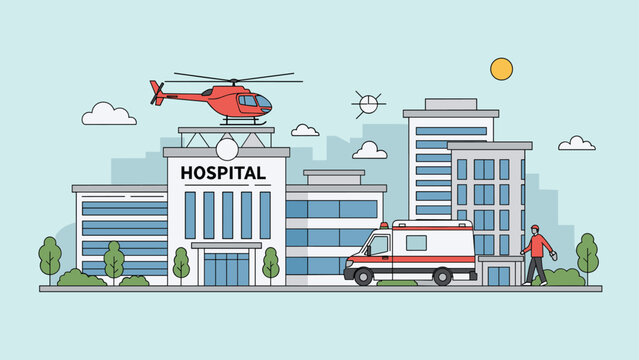 Modern hospital building complex featuring a landing pad with a red helicopter, an ambulance, and green trees.